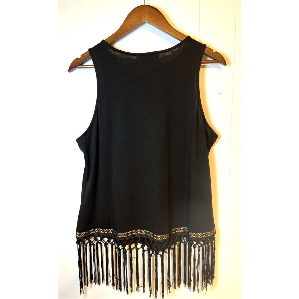 Savannah Jane Women's Size Medium Black Tank Aztec Print Fringe - Picture 4 of 8